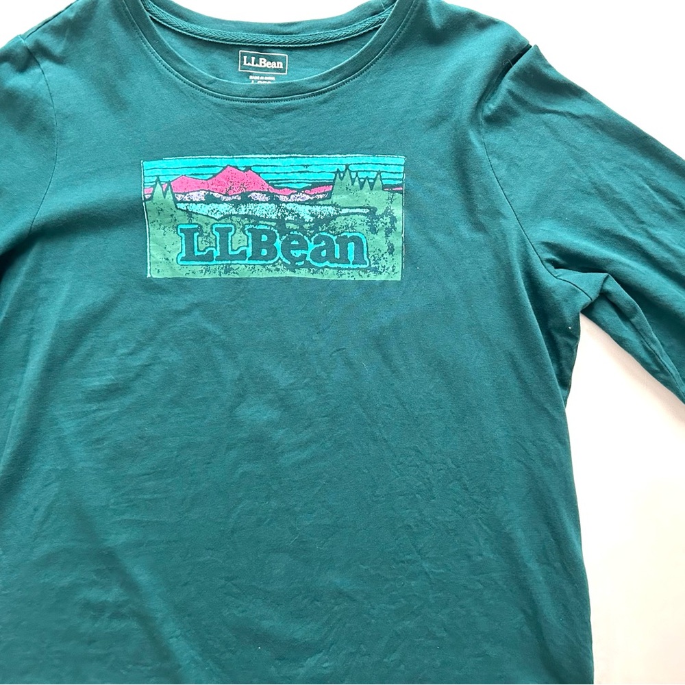 L.L. Bean Women’s Teal Graphic Mountains Long Sleeve Tee Shirt, Size Large - Picture 2 of 3